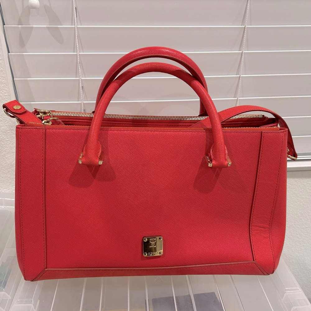 MCM Satchel in Coral Pink with Crossbody Strap
